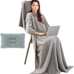 HOMBYS Travel Pillow and Blanket Set, Wearable Blanket with Inflatable Pillow, Ultra Soft, Lightweight and Portable Travel Essentials for Airplane Sleeping Car & Camping