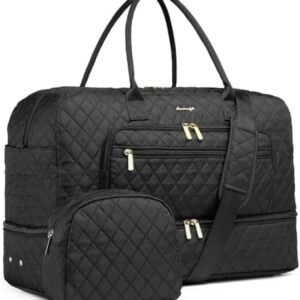 Large Women Travel Duffle Bag - Carry on Overnight Bag Weekend Travel Duffel Tote Bag Yoga Gym Bag with Wet Pocket Toiletry Weekender Overnight Bag for Travel Business Trips Sport Hospital Black