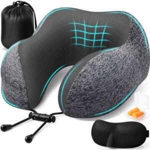 Travel Pillow, Travel Pillows for Sleeping Airplane, Removable Cover Neck Pillow with Adjustable Clasp, Memory Foam Neck Pillow Set with Eye Mask, Earplugs and Storage Bag (Dark Grey)