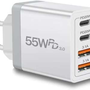 European Travel Plug Adapter USB C, 55W USB C European Charger 4-Port Fast Charger Type C Wall Charger USA to Europe Plug Adapter for iPhone 15 14 13 12 11 Pro Max XS X 8, Galaxy, Android