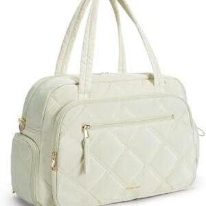 Missnine Small Gym Bag for Women, Quilted Duffle Bag for Travel with Toiletry Organizer Compartment, Weekender Bags Carry on for Airplane, Puffer Overnight Bag with Shoe Compartment, Beige