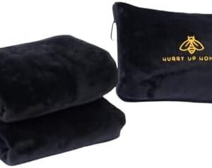 Travel Blanket & Pillow- 2 in 1 Ultra Soft Airplane Blanket with Bag Pillowcase Travel Pillow Blanket Combo with Hand Luggage Sleeve & Backpack Clip- Portable Blanket for Travel (Black)