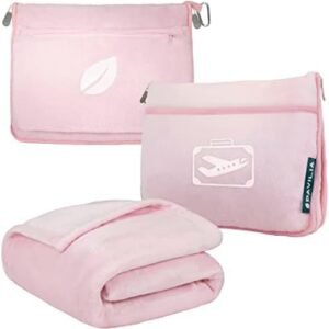 PAVILIA Travel Blanket Pillow in Soft Bag with Pockets, Airplane Blanket Set, Plane Blanket Compact Packable, Flight Essentials Car Pillow, Travelers Accessories Gifts, Luggage Strap, Light Pink