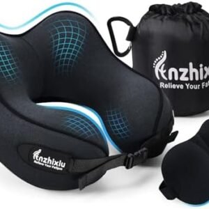 Travel Neck Pillow-Airplane Pillow for Long Flight, Size M for Most People, 100% Memory Foam Neck Pillow Travel by Ergonomic Design, Soft & Support, Black Color
