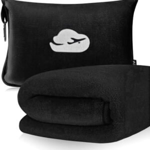Travel Blanket Pillow with Pockets, Airplane Blanket Set, Plane Blanket Compact Packable, Flight Essentials Car Pillow - Travel Essentials Gift for Women and Men on Airplanes - Black