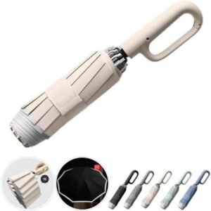 Ring Buckle Umbrella, Reflective Safety Strip, Sturdy Windproof, Reverse Automatic Umbrella, Ring Buckle Fully Automatic Umbrella, Travel Portable, Compact Folding Travel Umbrella (Beige)