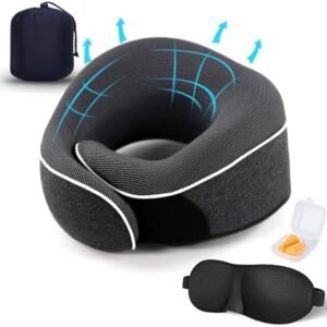 Travel Neck Pillow, Best Memory Foam Airplane Pillow for Head Support Soft Adjustable Pillow for Plane, Car & Home Recliner Use (Black1)