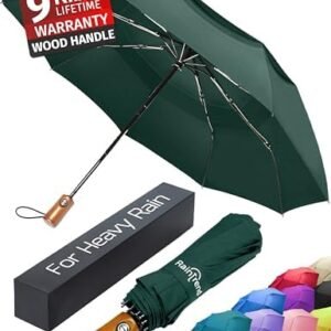 PREMIUM UMBRELLAS for Rain Windproof Travel Dark Green Umbrella - Large Double Canopy but Compact Folding Portable - Automatic Strong Wind Resistant Construction - Womens Mens Umbrella for Backpack