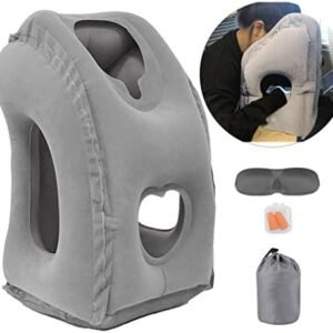 Inflatable Travel Air Pillow for Sleeping to Avoid Neck and Shoulder Pain, Comfortably Support Head and Lumbar, Used for Airplane, Car, Bus and Office (Grey)