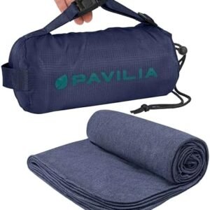 PAVILIA Travel Blanket Airplane Compact with Bag, Soft Packable Plane Blanket Kids Adults, Portable Camping Flight Essentials, Travelers Gifts Accessories, Luggage Backpack Strap, 65x40 Navy Blue