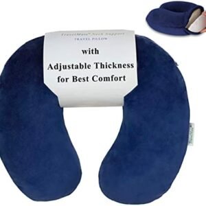 Memory Foam Neck Pillow - Adjustable Thickness for Best Comfort, Dark Blue