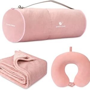 Travel Blanket and Pillow- Premium Soft Airplane Blanket with Durable Travel Bag, Hand Luggage Belt Compact Pack Large Blanket for Travel (Pink)