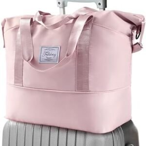 Travel Duffel Bag - Large Shoulder Weekender Overnight Bag, Carry on Bag with Wet Pocket, Waterproof Expandable Duffel Bag with Trolley Sleeve, Sports Tote Gym Bag for Women, Pink