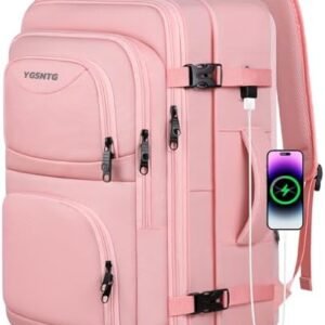 Travel Backpack for Women, 50L Carry On Backpack, Extra Large Expandable Travel Bag, 17 Inch TSA Flight Approved Luggage Travel Backpack Personal Item Size with USB, Teacher Traveling Backpack, Pink