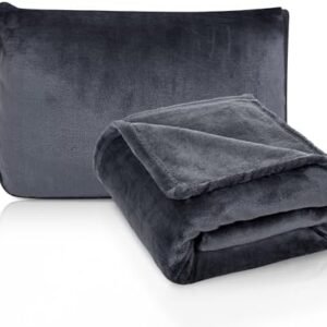 ATsense Travel Blanket Pillow, Premium 2 in 1 Soft Airplane Blanket Compact with Bag Pillowcase, Hand Luggage Sleeve and Backpack Clip - Travel Essentials for Long Trips, Flying and Car, Dark Grey