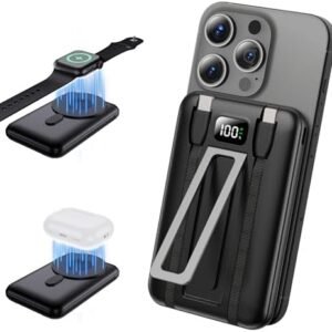 Portable Charger Power Bank, 10000mAh Magnetic Wireless Charger Compatible with Apple Watch AirPods Series iPhone 13 14 15 Samsung Android, Built-in Cables 22.5W Fast Charging Black