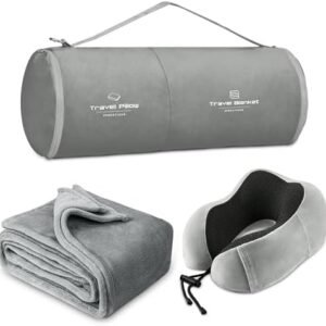 Travel Pillow and Blanket Set Neck Pillow Airplane Memory Foam for Traveling Compact with Bag Grey