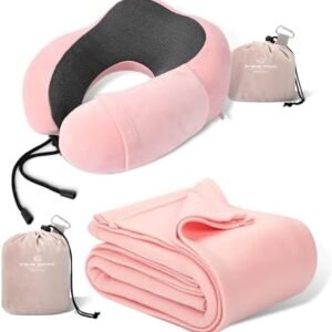 Pink Travel Neck Pillow and Blanket Set for Airplane Travel Essentials Womens Memory Foam Neck Pillow and Compact Soft Airplane Blanket with Bag for Traveling Airport Car Sleeping