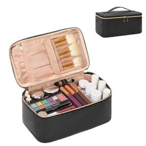 OCHEAL Makeup Bag, Travel Makeup Bag Organizer Waterproof Cosmetics Make Up Bag,Toiletry Bag for Women,Large Capacity for Girls Daily Use Dorm Room Storage with Brush Comparment Dividers -Black