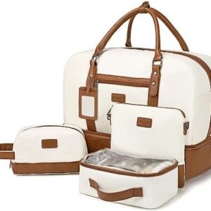 Wogarl 4PCS Weekender Bags for Women Large Overnight Bag Weekend Travel Duffel Bag Carry on Shoulder with Shoe Compartment Canvas Toiletry Bag for Travel Business Gym,Beige