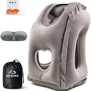 JefDiee Inflatable Travel Pillow, Airplane Neck Pillow Comfortably Supports Head and Chin for Airplanes, Trains, Cars Office Napping on The Tray Table (Grey)