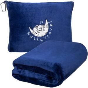 Resty Travel Blanket - Compact Airplane Blanket with Bag - Small and Lightweight Traveling Blanket & Pillow - Portable Blankets with Carabiner for Easy Transport - Plane Train Car (Navy Blue)