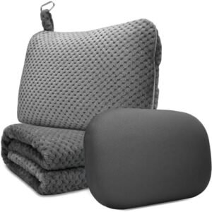Travel Pillow Blanket Set-3 in 1 Travel Pillow Memory Foam, Soft Travel Blanket Airplane Compact with Bag, Inner Pillowcase, Hand Luggage Belts and Backpack Clip, for Plane Car, Grey