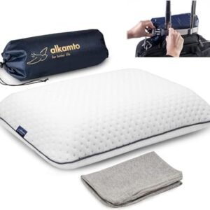 Memory Foam Pillow for Travel and Camping with Extra Cotton Cover – Easy to Carry Portable Bag (White)