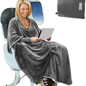 Tirrinia Travel Blanket Airplane Office Poncho 4 in 1 Premium Cozy Fleece Portable Poncho Blankets with Built-in Bag, Pocket
