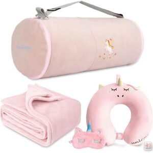 Kids Travel Blanket and Pillow- Premium Soft Pink Airplane Blanket with Adjustable Travel Bag, Hand Luggage Belt Compact Pack Large Blanket for Car, Road Trip, Home Use (60"*40" in)