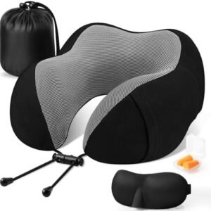 CloudBliss Travel Pillow Premium Memory Foam, Comfortable & Supportive Neck Pillow, Pain Relief Sleeping Neck Pillows for Travel, Airplane Pillow for Sleeping Airplane, Car, Office and Home(Black)