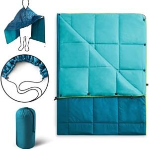 UNIKOME Outdoor Packable Camping Blanket, Lightweight Travel Blanket, Dual-Sides Waterproof Puffy Down Alternative Blanket with Snap Clasps, 75"×52", Lake Blue&Sky Blue