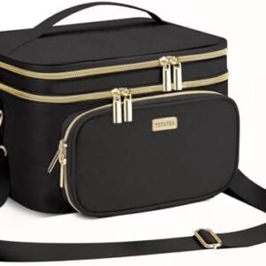 Women Makeup Bag with Mirror, Double Layer Cosmetic Case Large Travel Toiletry Bag Multifunction Organizer Storage Bag for Jewelry Brushes Skincare, Black