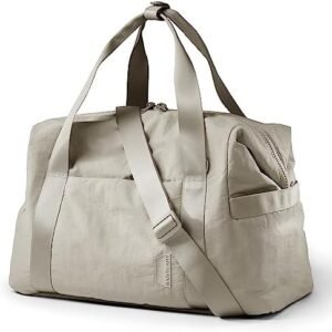 BAGSMART Gym Bag for Women, Carry on Weekender Overnight Bag, Travel Duffel Bags with Trolley Sleeve, Personal Item Travel Bag Tote Bag Workout Dance Bag, Beige-M