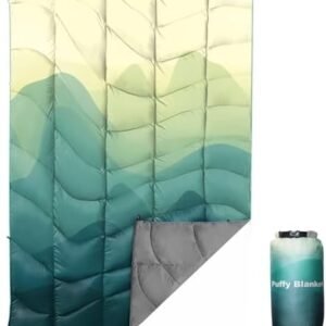 Outdoor Puffy Camping Blanket, Lightweight Down Alternative Puffy Printed Camping Large Ultra Warm Hammock Top Quilt Waterproof Blanket for Traveling Picnic Beach Party Cold Weather (Green Mountain)