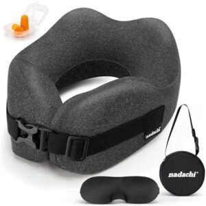 Neck Pillow Airplane Travel Set - Pure Memory Foam Travel Neck Pillow, Plane Pillow for Long Flights Essentials, Sleeping Travel with 3D Contoured Eye Mask, Earplugs, Portable Bag (Gray)