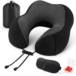 Travel Pillow 100% Memory Foam Pillow, Neck Pillow for Airplane, Neck & Head Support Pillow for Sleeping Rest & Car, Travel Pillows Kit with Storage Bag, Sleep Mask and Earplugs Black