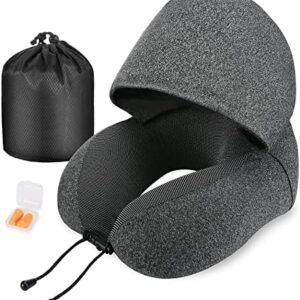 Neck Pillow for Travel, Memory Foam Travel Pillow with Hood, Adult Airplane Pillow for Head Rest Neck Support, Portable Pillow for Office Cars Trains Long Flights Sleeping (Deep Grey)