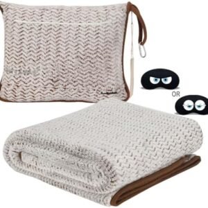 Travel Blanket and Pillow Set,Airplane Blanket Compact 2-in-1 Soft Bag,Travel Essentials for Flight,Plane Car Traveling Gift Accessories,Luggage Backpack Strap 65"x50" (Ⅰ-White Brown)