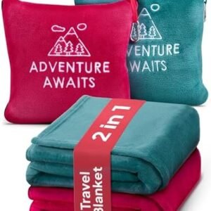 Travel Pillow & Blanket Set - Super Soft 2 in 1 Blankets with Cozy Hand & Feet Pouches Zip into Plush Pillows - Large Size Wraps You in Warmth on Airplanes - Luggage Sleeve & Backpack Clip (Teal/Red)