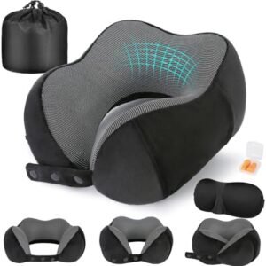 Neck Pillow for Traveling, Travel Pillows for Airplanes,100% Pure Memory Foam Travel Neck Pillow, Adjustable Flight Pillow, Portable Plane Accessories with Eye Mask, Earplugs, Carry Bag