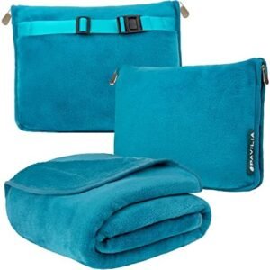 PAVILIA Travel Blanket Pillow, Soft Airplane Blanket 2-IN-1 Combo Set, Plane Blanket Compact Packable, Flight Essentials Car Pillow, Travelers Gifts Accessories Luggage Backpack Strap, 60x43 Teal Blue