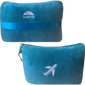 BlueHills Travel Blanket Pillow in Mini Soft Case Premium Plush Airplane Blanket in Soft Bag Compact Pack with Luggage Belt and Backpack Clip Airline Car 2 in 1 Traveler Essentials - Teal Blue M03