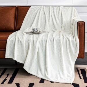 Soft Cozy 50x70 Inch Flannel Throw Blanket, Luxury 3D Jacquard Decorative Design, Lightweight Plush Fuzzy All Season Fleece Blanket for Couch, Bed, Sofa, Camping, Travel - Ivory White