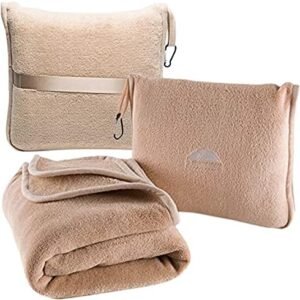 BlueHills Premium Soft Travel Blanket Pillow Airplane Blanket Packed in Soft Bag Pillowcase with Hand Luggage Belt and Backpack Clip, Compact Pack Large Blanket for Any Travel (Beige T005)