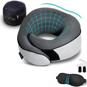 Travel Neck Pillows for Airplanes, Sleeping Essentials for Long Flight, 360° Head Support, Car and Airplane Kit with 3D Contoured Eye Mask, Earplugs and Luxury Mesh Bag (Adult, Grey)
