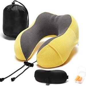 Travel Pillow Memory Foam with 360-Degree Head Support Comfortable Neck Pillow with Storage Bag Lightweight Traveling Pillow for Airplane, Car, Train, Bus and Home Use (Yellow)